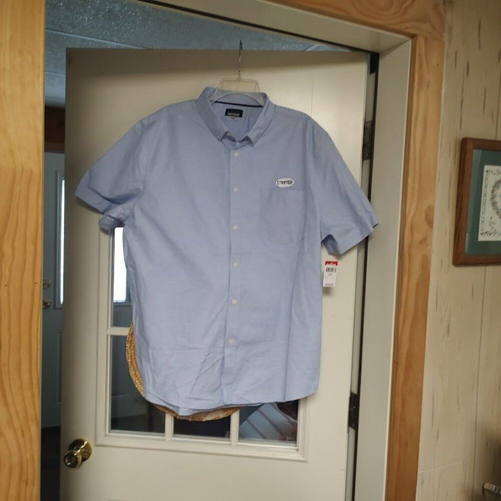 New Basic Editions Stretch Light Blue Short Sleeve Button Down Shirt Men's XL
